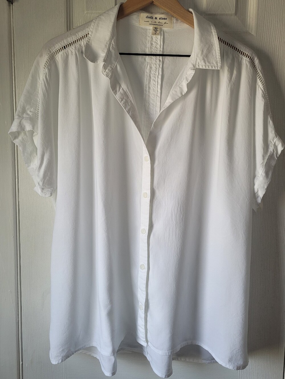 Cloth & Stone Anthropologie Ladder Lace White Tencel Shirt Size L Clean Girl